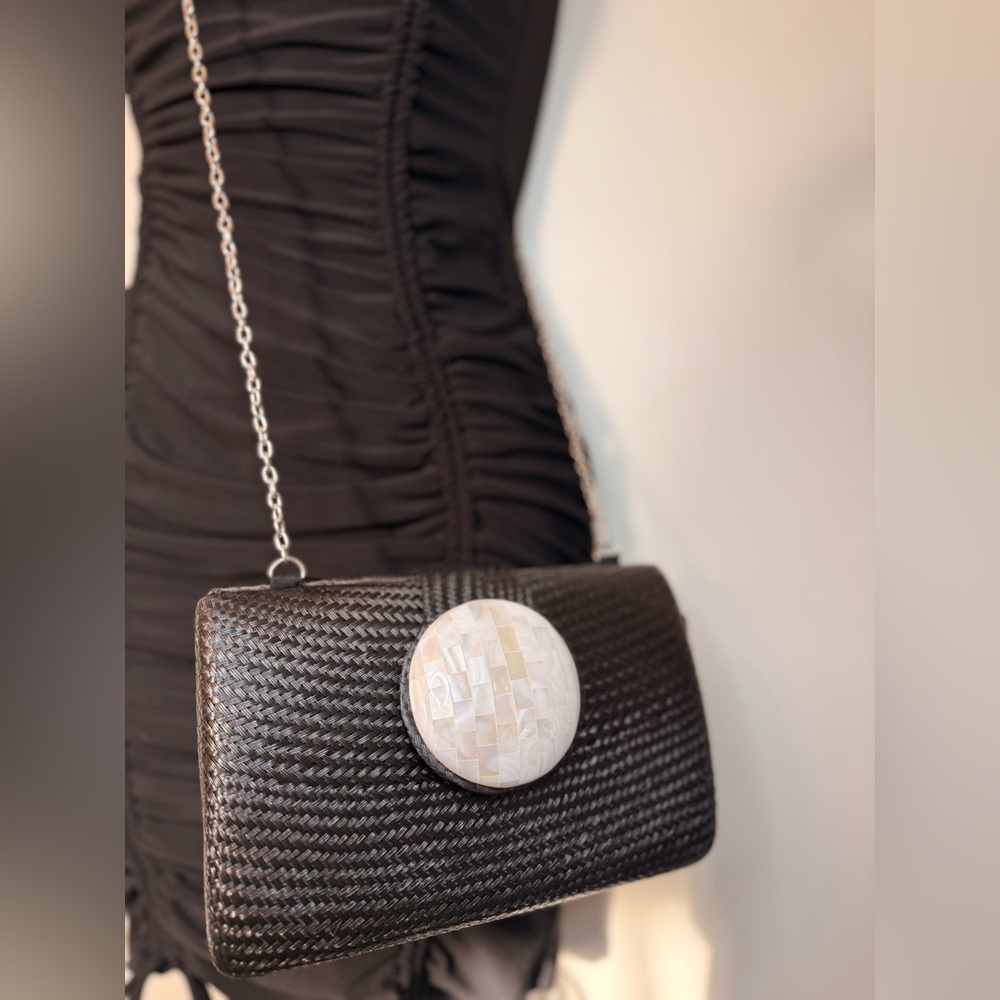 Lea Newman Woven Rattan Clutch Black & Albalone Accent w/ Chain‎ Strap